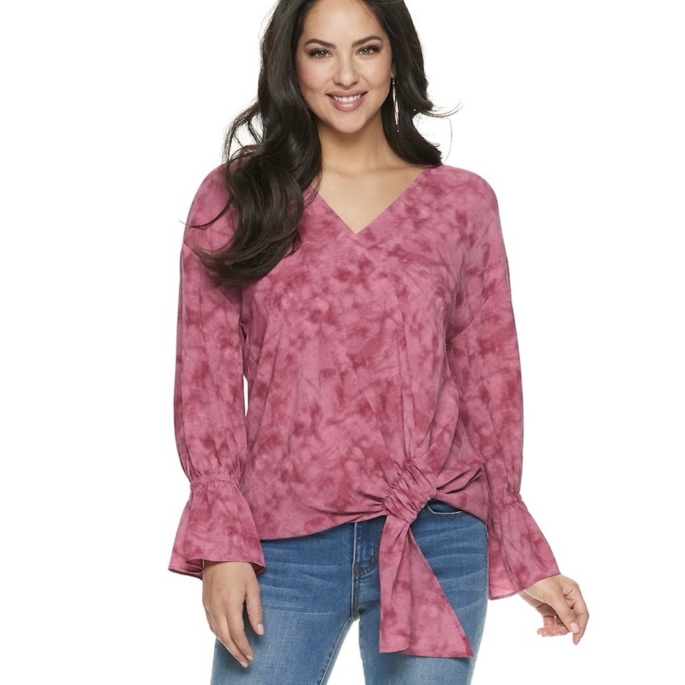 Juicy Couture Pink Tie Dye Bell Sleeve Boho Shirt XS Twist Tie‎ Blouse V-neck